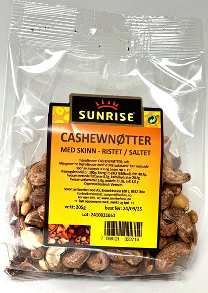 Cashewnøtter m/ skinn rist.-salt.   - 12x205 g